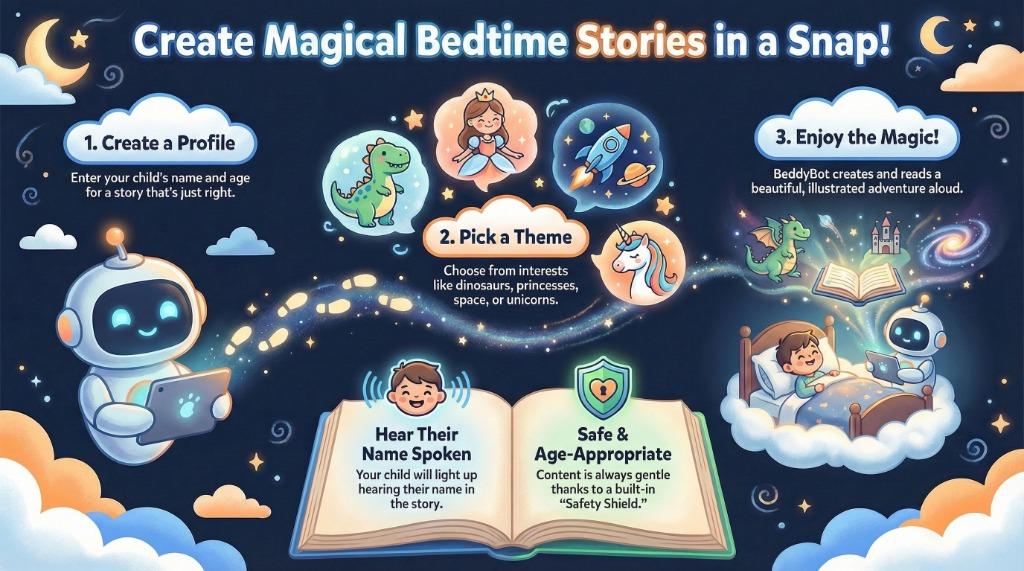 How BeddyBot Works: Create, Pick Theme, Enjoy